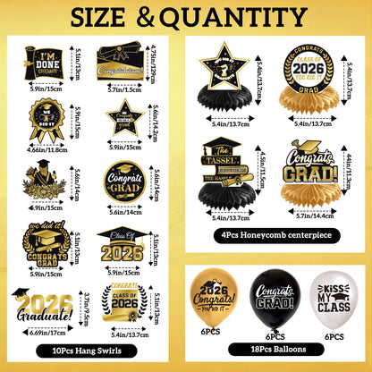 Graduation Decorations 2026 Black Gold 35PCS, Pre-Strung Congrats Grad Banner, Class of 2026 Backdrop, Balloons, Hanging Swirls, Graduation Party Decorations,PRE-ASSEMBLED - Available at All In One Marketplace Canada
