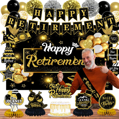 53PCS Retirement Party Decorations Kit for Men & Women, PRE-STRUNG Retirement Decor Set with 72inch Backdrop, Balloons, Sash, Cake Topper, Banner, Honeycomb Centerpieces, Hanging Swirls & Paper Poms 🍁 All In One Marketplace Canada