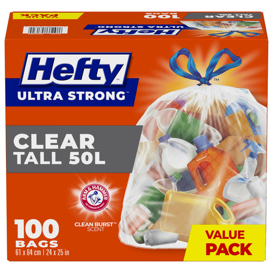 Hefty™ Ultra Strong 100ct Clear Garbage Bags Tall 50 L, Drawstring, Arm and Hammer odour neutralizer, MEGA Recycling/Waste/Kitchen/Trash Plastic Pack bags, Fits simplehuman code N