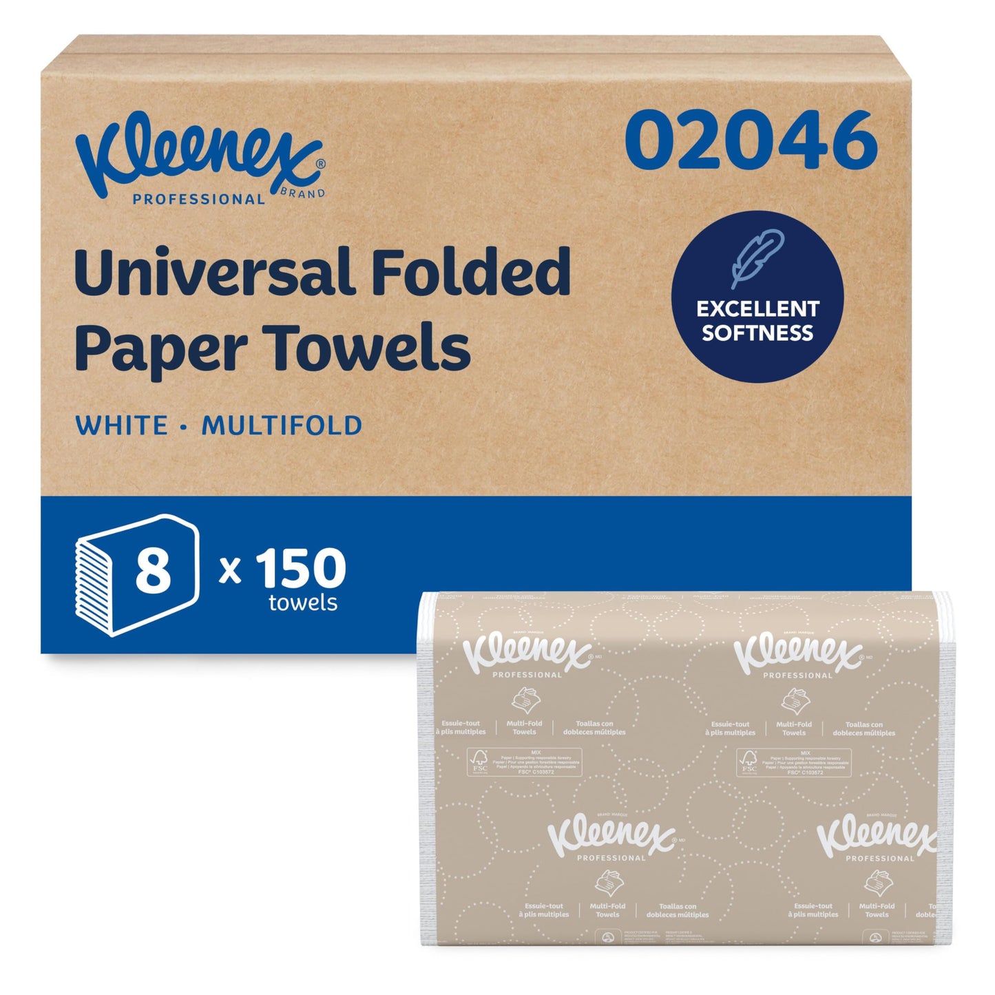 Kleenex Professional Universal Multifold Paper Towels, Bulk (02046), Absorbency Pockets, 9.2" x 9.4" Towel, White (150 Sheets/Pack, 8 Packs/Case, 1,200 Sheet Total) Kleenex