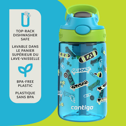 Contigo Kids Aubrey Straw Water Bottle with Leak-Proof Lid, BPA-Free Plastic, Dishwasher Safe, Blue Raspberry Lime Skater, 14 oz (414 mL)