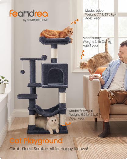 Feandrea Cat Tree Tower, 112 cm, 2 Perches, Hammock, Smoky Gray