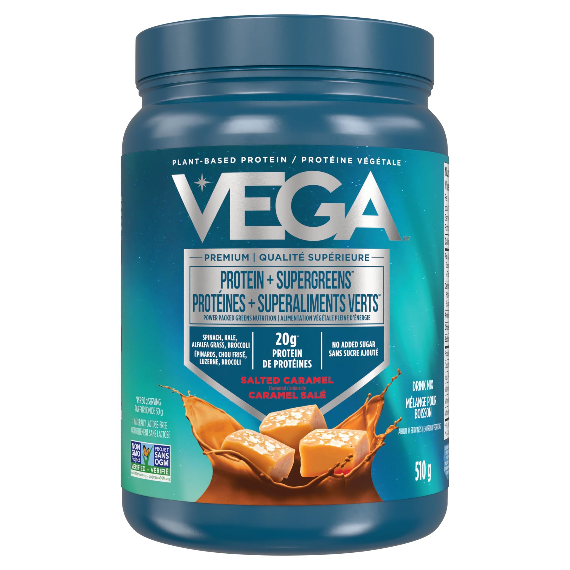 Vega Protein + Supergreens - Salted Caramel Plant-Based Powder, 20g Pea Protein with Organic Vegetables, 17 Servings, 510g