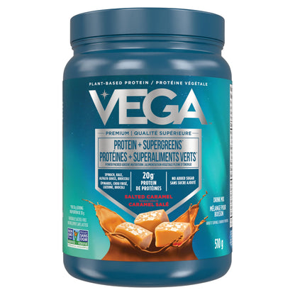 Vega Protein + Supergreens - Salted Caramel Plant-Based Powder, 20g Pea Protein with Organic Vegetables, 17 Servings, 510g