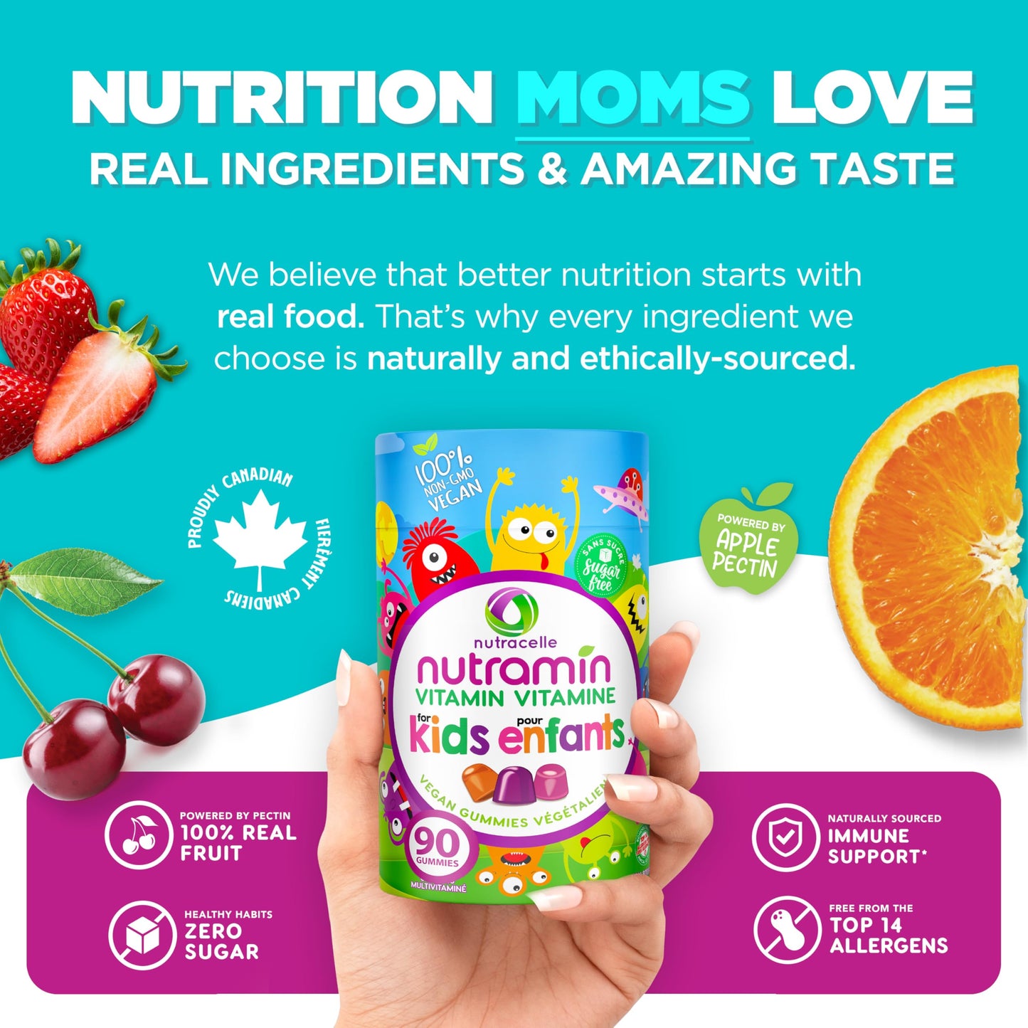 CANADIAN NUTRAMIN Children's Daily Vegan Multivitamin Gummies Vitamin C, D2 & Zinc for Immunity, Plant-Based, Sugar-Free, Nut-Free, Gluten-Free with Biotin, Vitamin A, B, B6, B12 +More 90 Ct (45 Day Supply) - Available at All In One Marketplace Canada