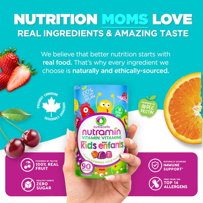 CANADIAN NUTRAMIN Children's Daily Vegan Multivitamin Gummies Vitamin C, D2 & Zinc for Immunity, Plant-Based, Sugar-Free, Nut-Free, Gluten-Free with Biotin, Vitamin A, B, B6, B12 +More 90 Ct (45 Day Supply) - Available at All In One Marketplace Canada