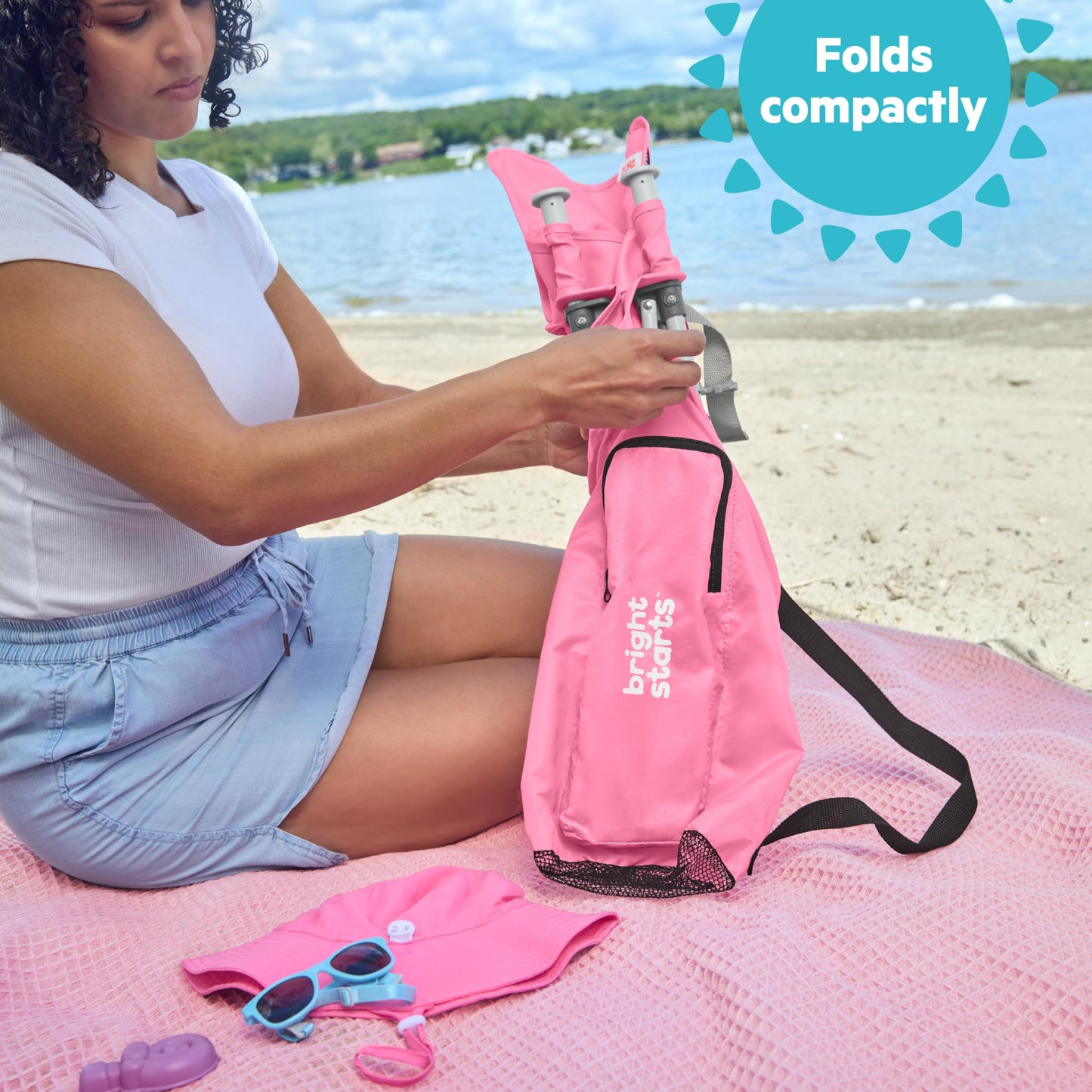 Bright Starts Pop 'N Sit Portable Booster, Indoor/Outdoor Use, Floor Seat with Feeding Tray, Pink, 6 Mos - 3 Yrs