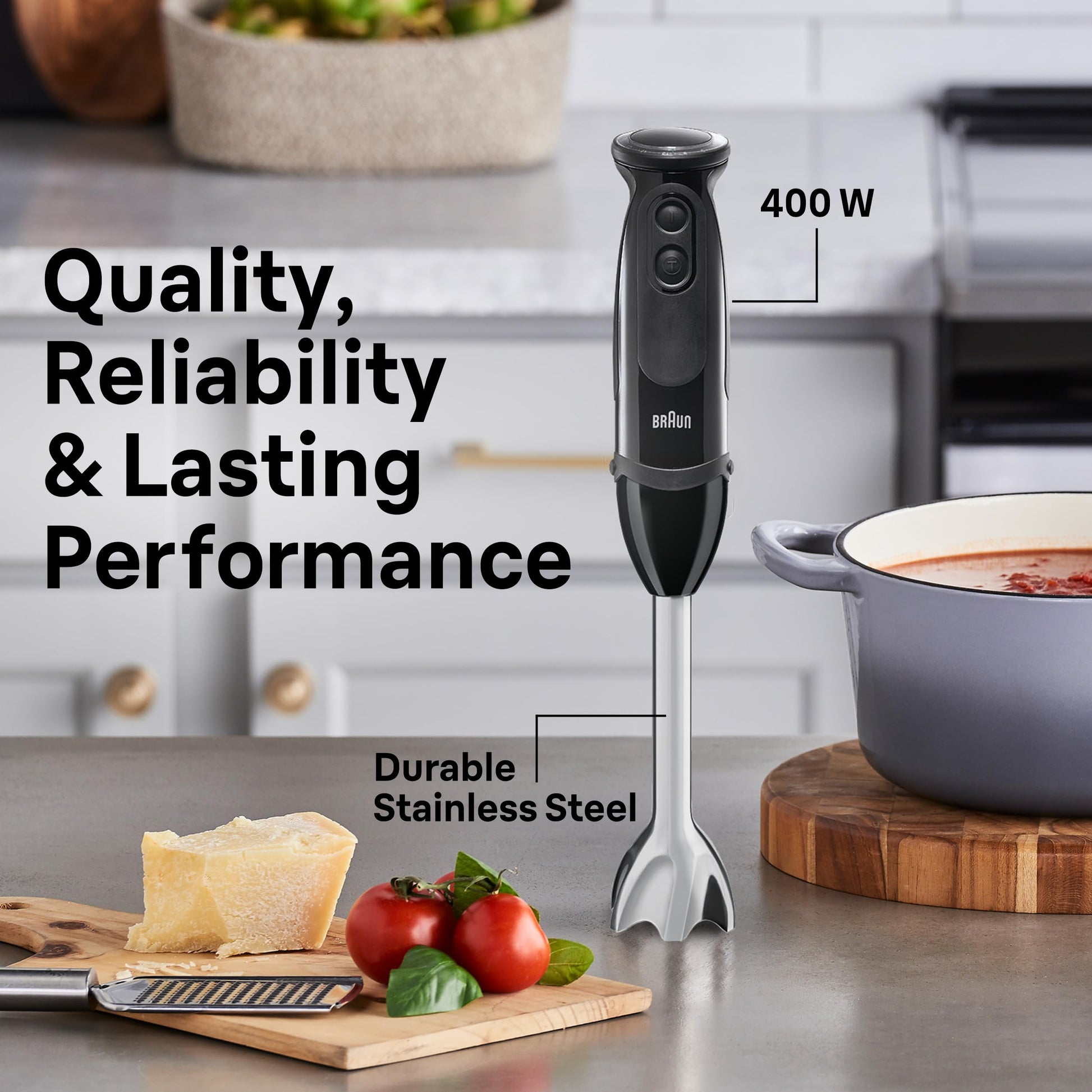 Braun MQ5000 Vario Hand Blender Stick – 21-Speed Immersion Blender Handheld with Turbo Boost, Stainless Steel Blades, SplashControl, EasyClick System, 400W, Mixer for Soups & Smoothies - Available at All In One Marketplace Canada
