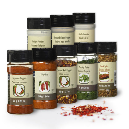 Encore Gourmet Spices & Seasonings Essentials Pack - Includes Crushed Chillies (36g), Cayenne Pepper (50g), Parsley Flakes (8g), Onion Powder (40g), Steak Spice (90g), Paprika (55g), Garlic Powder (35g), Black Pepper (32g) - 8 Variety Pack