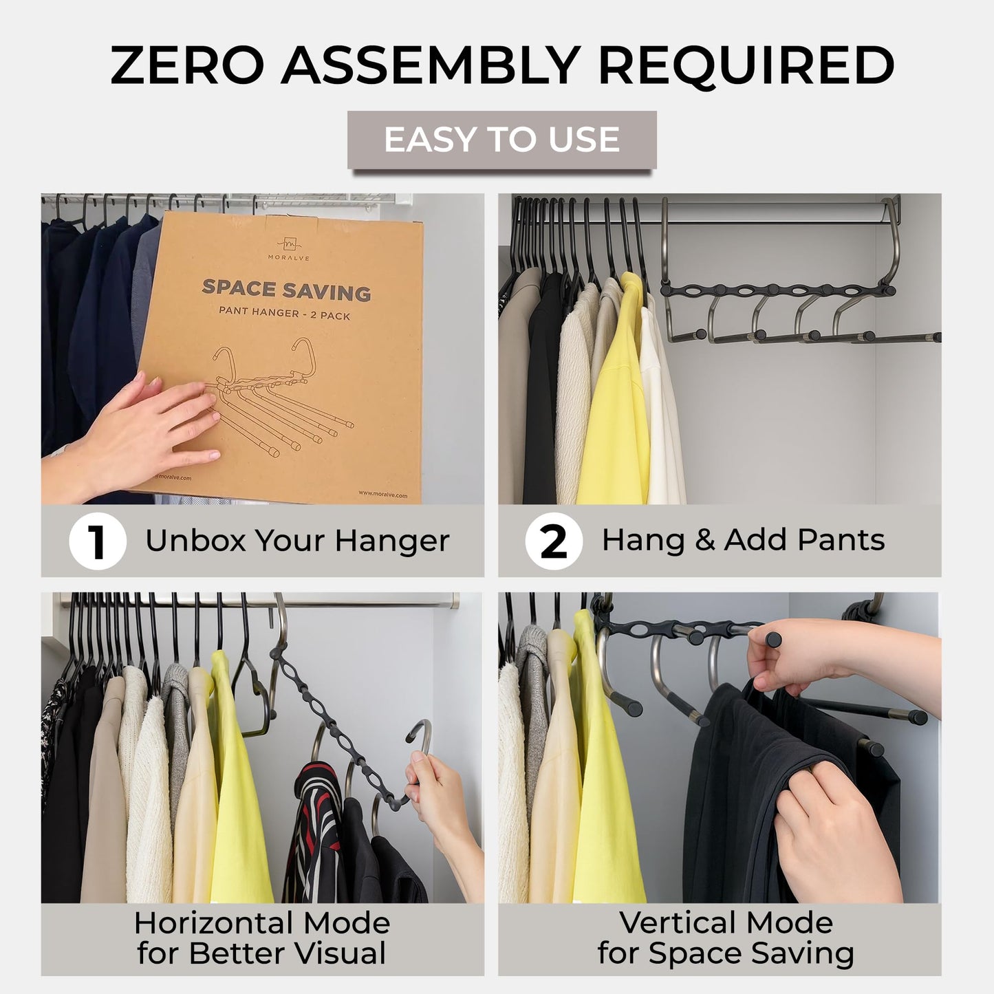 MORALVE Pants Hangers Space Saving - 2 Pack - Non-Slip Multi-Layer Space Saving Hangers - Multifunctional Clothing Rack for Closet Storage - Ideal for Jeans, Trousers, Skirts, Scarves & Slacks (Black) - Available at All In One Marketplace Canada