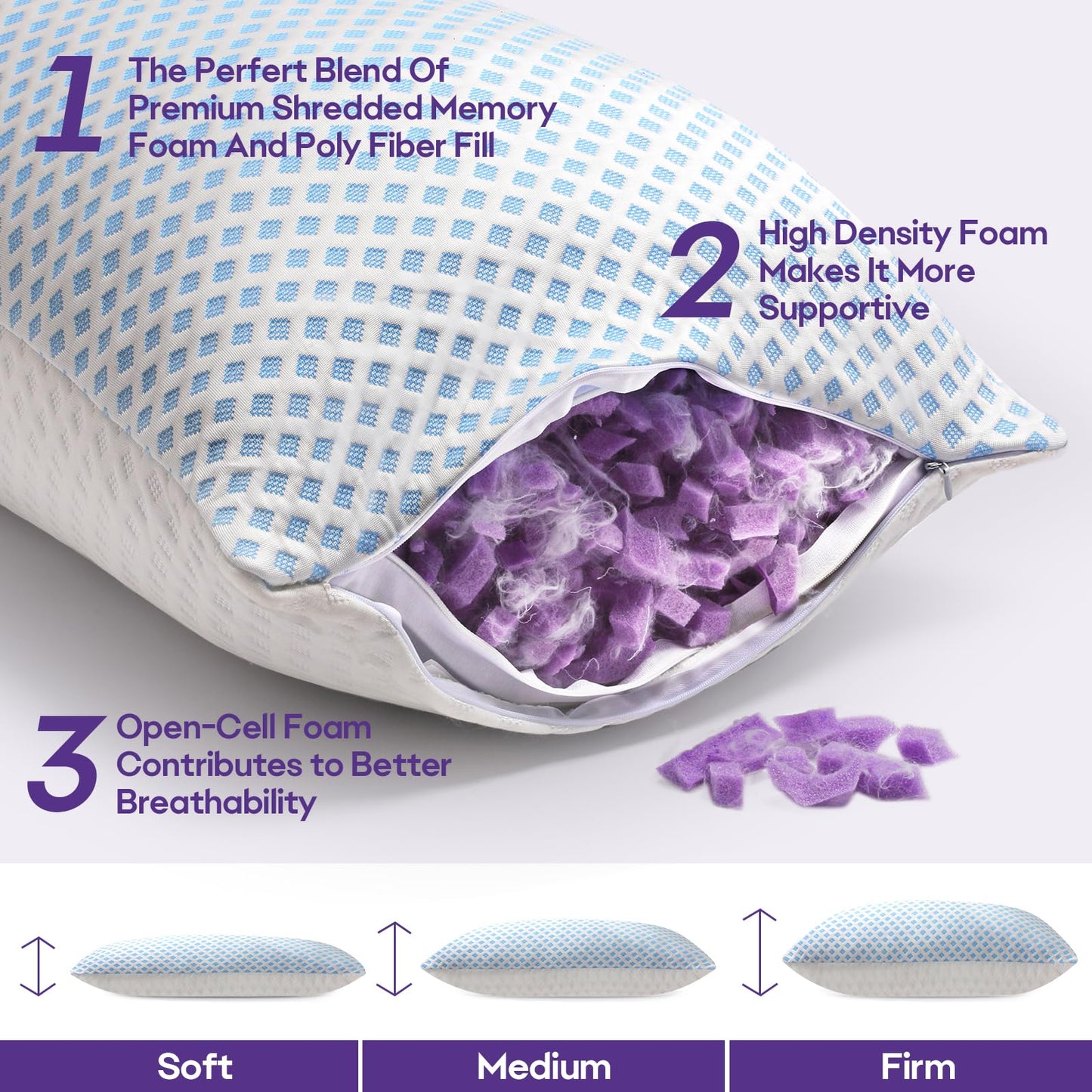 Cooling Memory Foam Pillows Queen Size 2 Pack, Adjustable Shredded Foams, Soft Firm Bed Pillow for Sleeping with Hypoallergenic Zipper Pillow Cover for Side, Back Sleepers, 20x30In - Available at All In One Marketplace Canada
