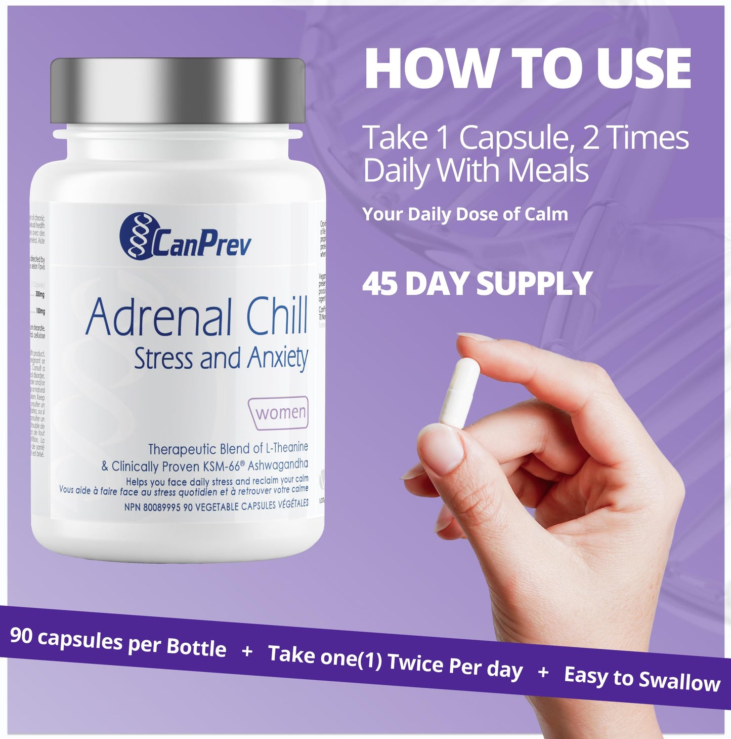 CanPrev Adrenal Chill Women, 90 Veg Capsules, 45-Day Supply with 300mg KSM-66 Ashwagandha & L-Theanine for Calm Focus & Relaxation, Non-GMO, Made in Canada - Available at All In One Marketplace Canada