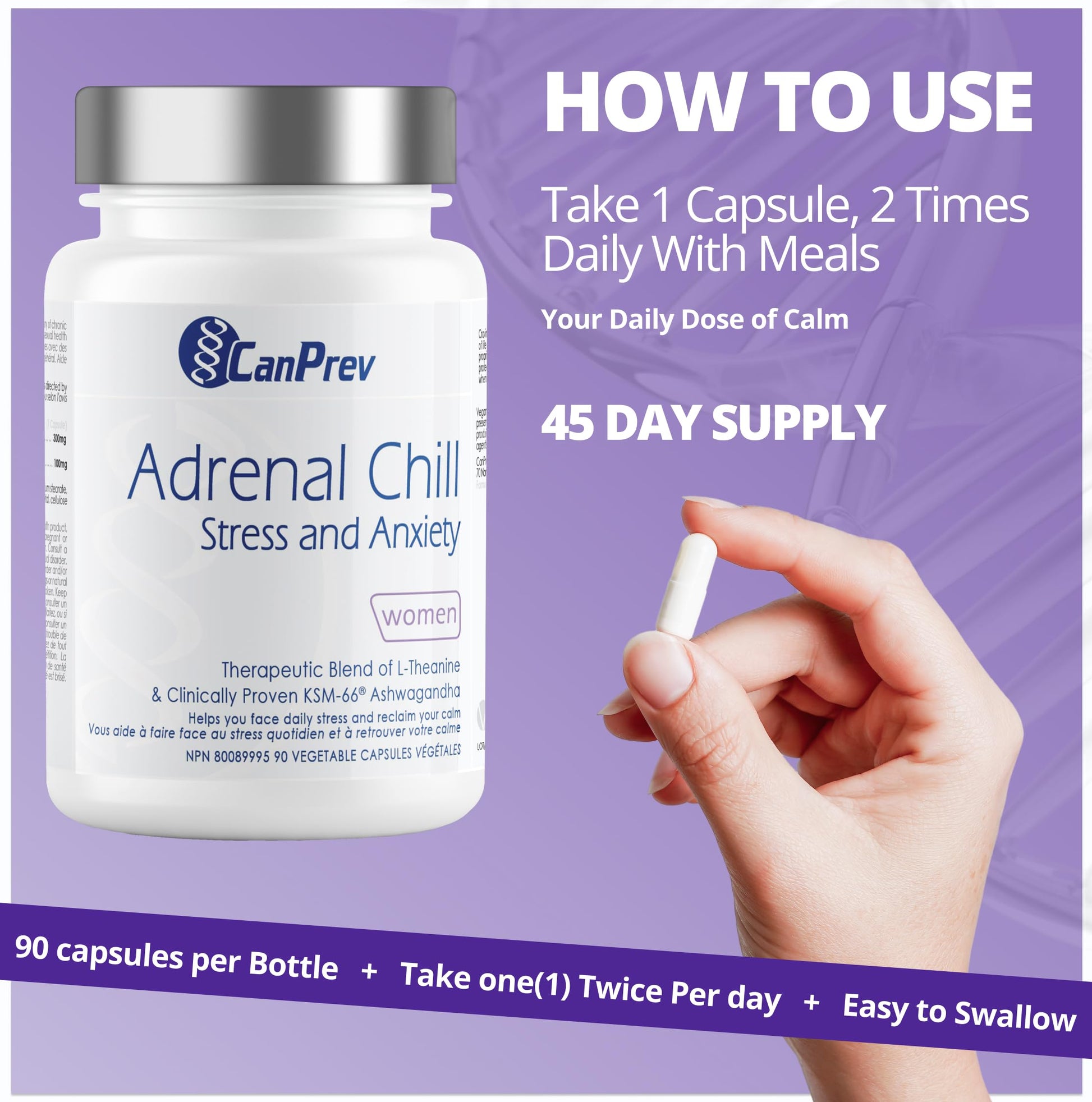 CanPrev Adrenal Chill Women, 90 Veg Capsules, 45-Day Supply with 300mg KSM-66 Ashwagandha & L-Theanine for Calm Focus & Relaxation, Non-GMO, Made in Canada - Available at All In One Marketplace Canada