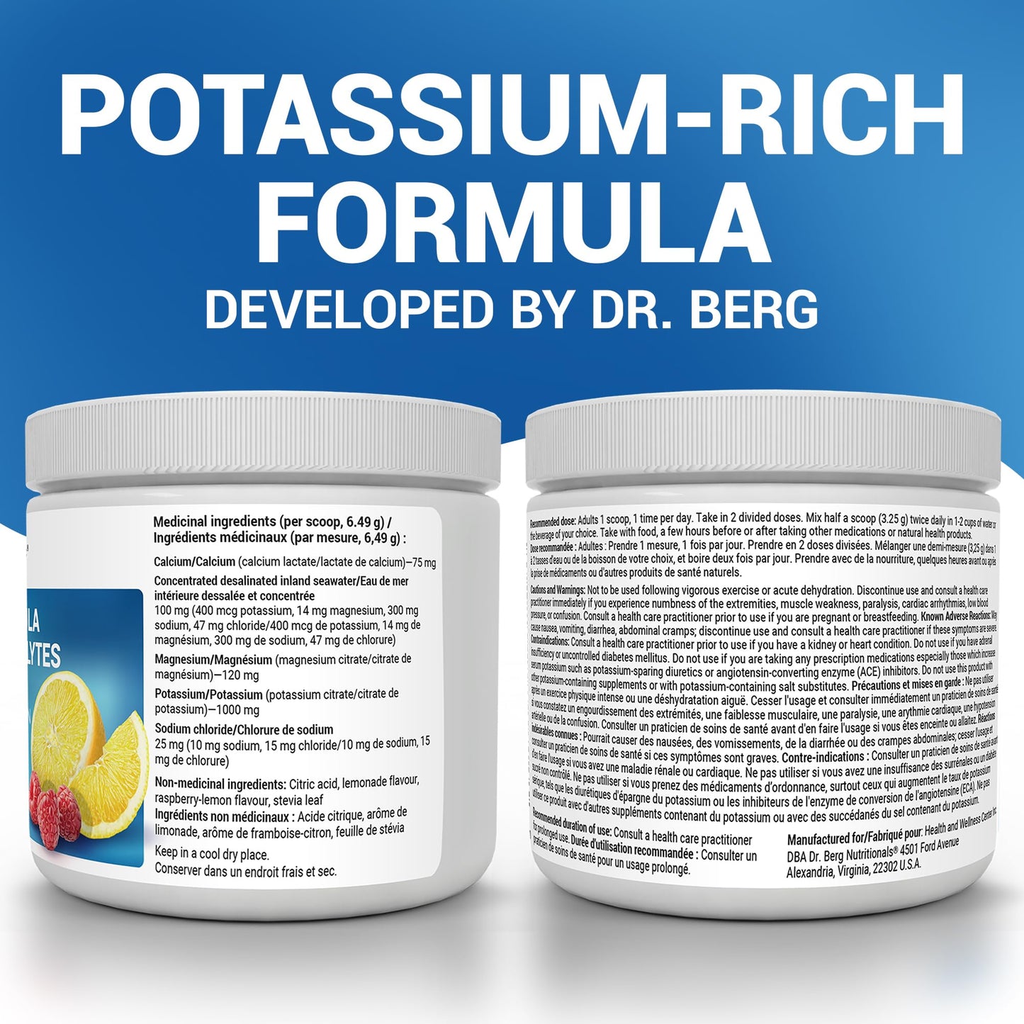 Dr. Berg Electrolytes Powder No Sugar - Enhanced w/ 1000 mg of Potassium & Real Sea Salt - Zero Sugar Electrolyte Powder - Raspberry & Lemon Flavor Hydration Powder Electrolytes - 50 Servings - Available at All In One Marketplace Canada