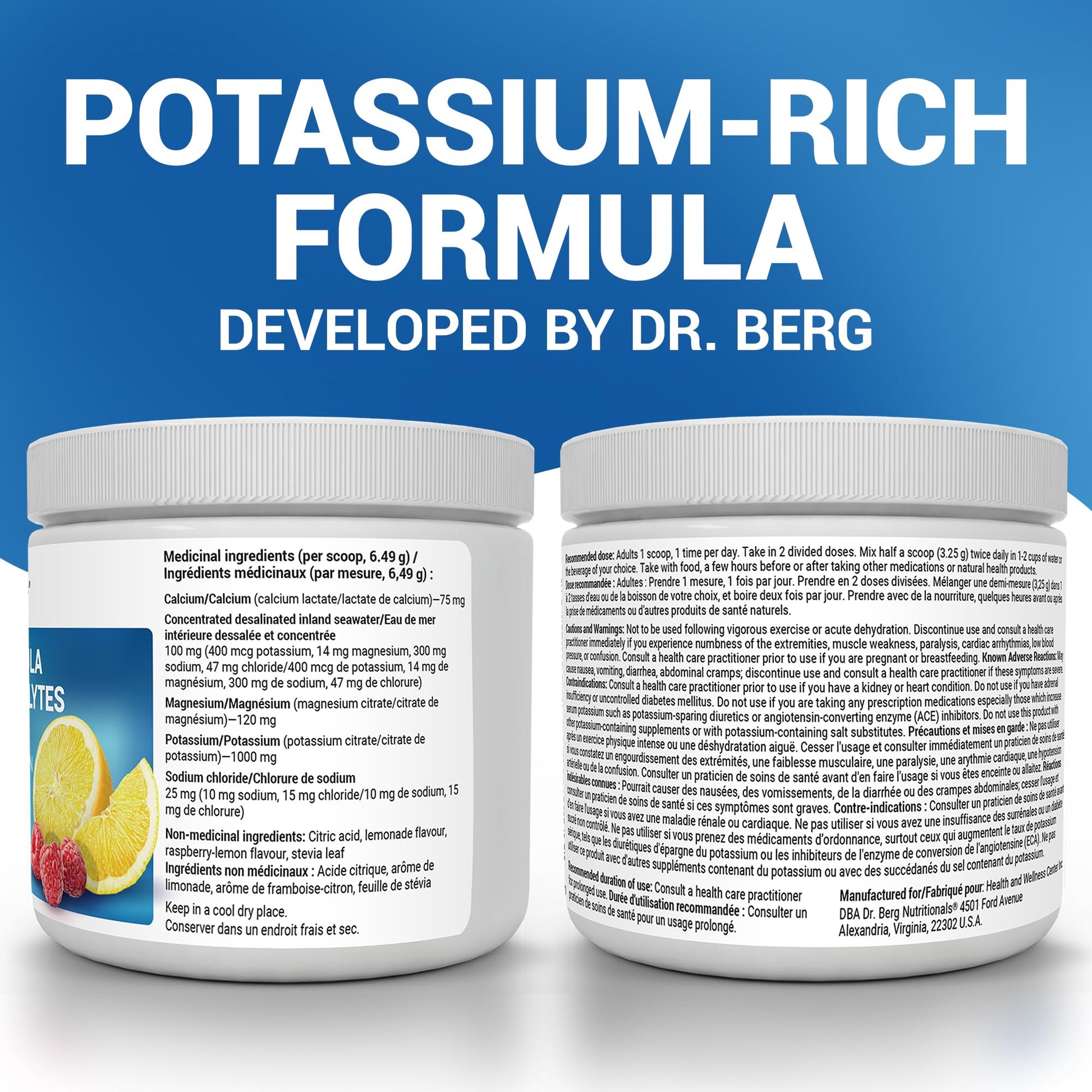 Dr. Berg Electrolytes Powder No Sugar - Enhanced w/ 1000 mg of Potassium & Real Sea Salt - Zero Sugar Electrolyte Powder - Raspberry & Lemon Flavor Hydration Powder Electrolytes - 50 Servings - Available at All In One Marketplace Canada