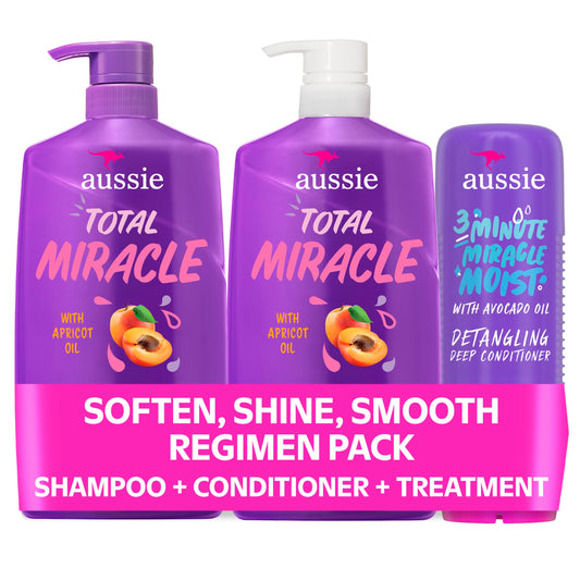 Aussie Total Miracle 3-Piece Set: Shampoo 778 mL, Conditioner 778 mL, 3 Minute Miracle Deep Conditioner Hair Treatment 236 mL, Infused with Apricot and Australian Macadamia Oil, 1.79 L Total - Available at All In One Marketplace Canada