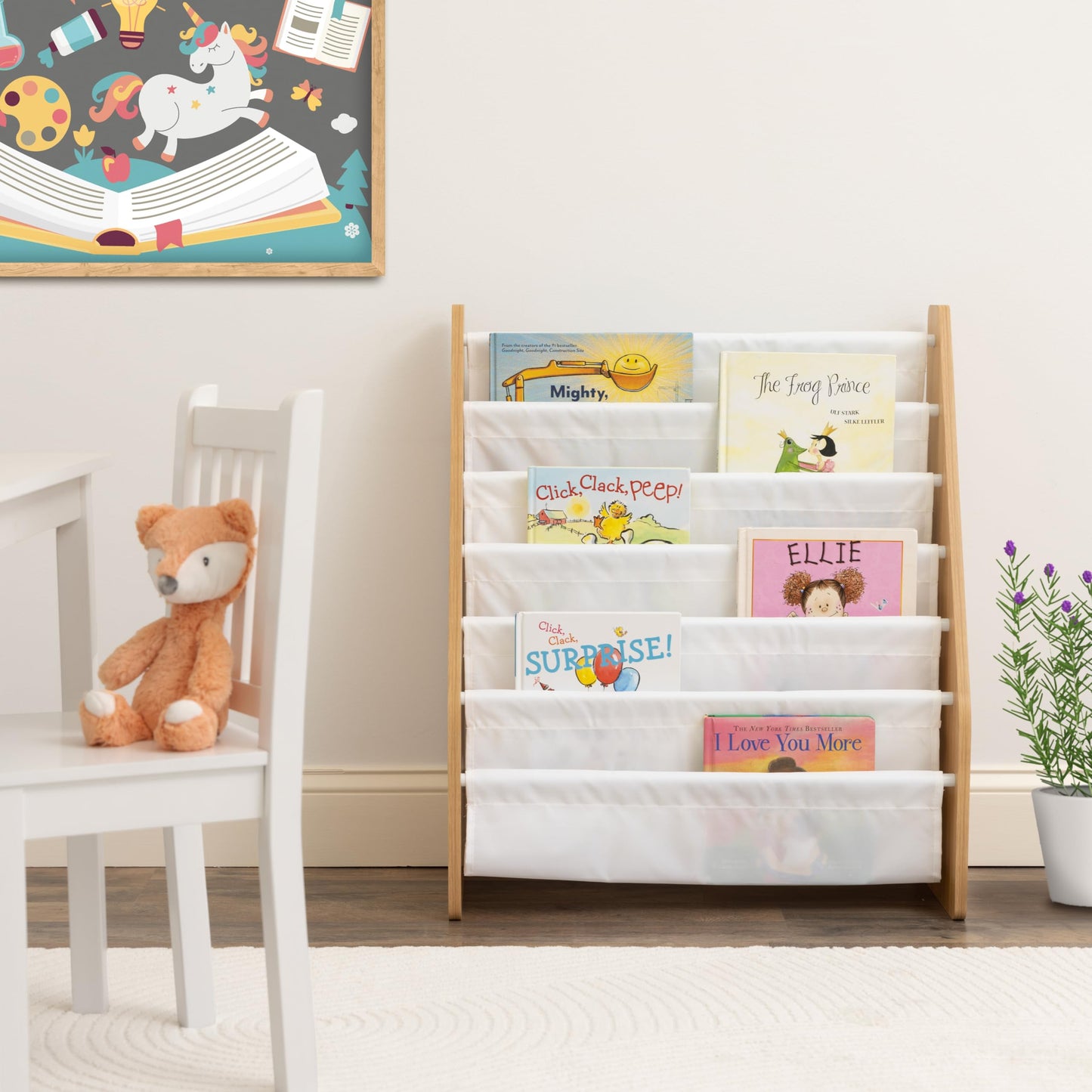 Humble Crew Kids Bookshelf 6-Tier Book Rack Organizer, Extra Large Toddler Bookcase with Fabric Storage Pockets, Front-Facing Display for Children’s Books, White/Natural Wood, Nursery/Playroom Storage Humble Crew