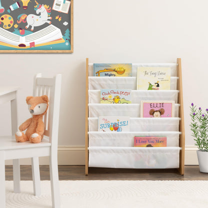 Humble Crew Kids Bookshelf 6-Tier Book Rack Organizer, Extra Large Toddler Bookcase with Fabric Storage Pockets, Front-Facing Display for Children’s Books, White/Natural Wood, Nursery/Playroom Storage Humble Crew