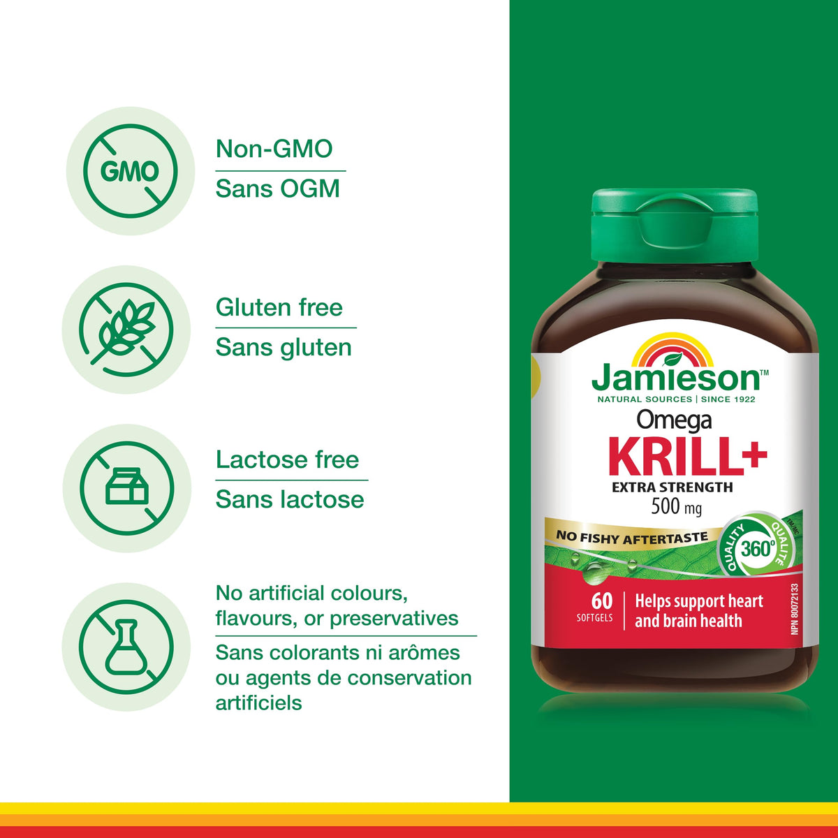 Jamieson Omega Krill Plus 500 mg Softgels, No Fishy Aftertaste, with EPA, DHA, Phospholipids, and Astaxanthin. Supports Hearth Health and Brain Health, Non-GMO, Gluten-Free, 60 Count, Proudly Canadian