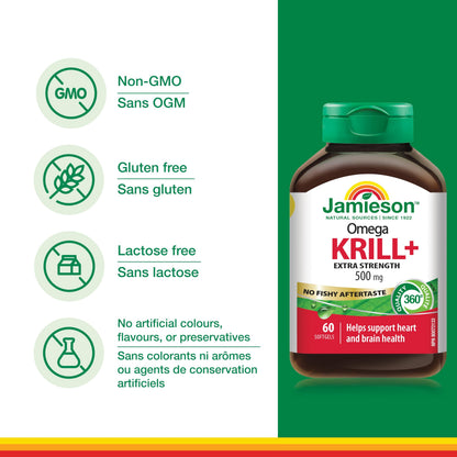 Jamieson Omega Krill Plus 500 mg Softgels, No Fishy Aftertaste, with EPA, DHA, Phospholipids, and Astaxanthin. Supports Hearth Health and Brain Health, Non-GMO, Gluten-Free, 60 Count, Proudly Canadian