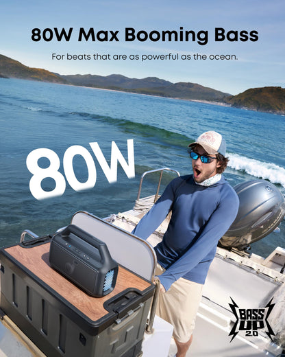 soundcore Boom 2 Outdoor Speaker, 80W, Subwoofer, BassUp 2.0, 24H Playtime, IPX7 Waterproof, Floatable, RGB Lights, USB-C, Custom EQ, Bluetooth 6.0, Portable, Camping, Beach, and Backyard-Black