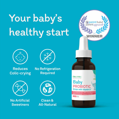 Organika Baby Probiotic Drops with Vitamin D- Soothe Colic, Reduce Fussing, Aid in Growth and Development- White, 7.5 ml (Pack of 1) Organika