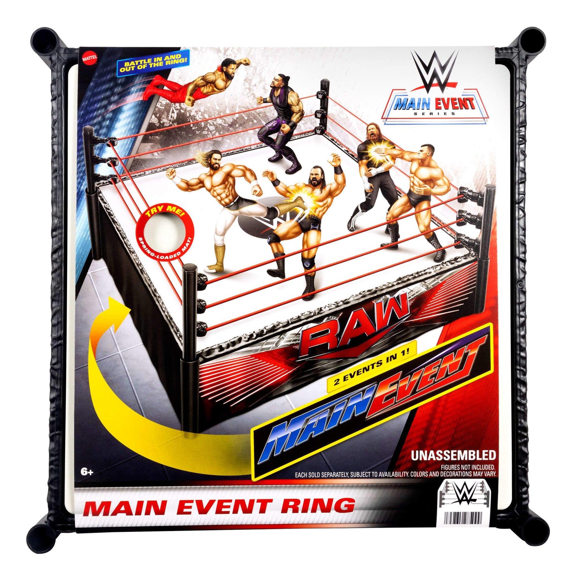 Mattel WWE Superstar Ring with Labels for Main Event & RAW, Spring-Loaded Ring Mat & Pro Tension Elastic Ropes Mattel
