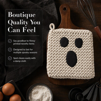 Mud Pie Ghost Halloween Pot Holder, Cotton Crochet Kitchen Hot Pad, 8"