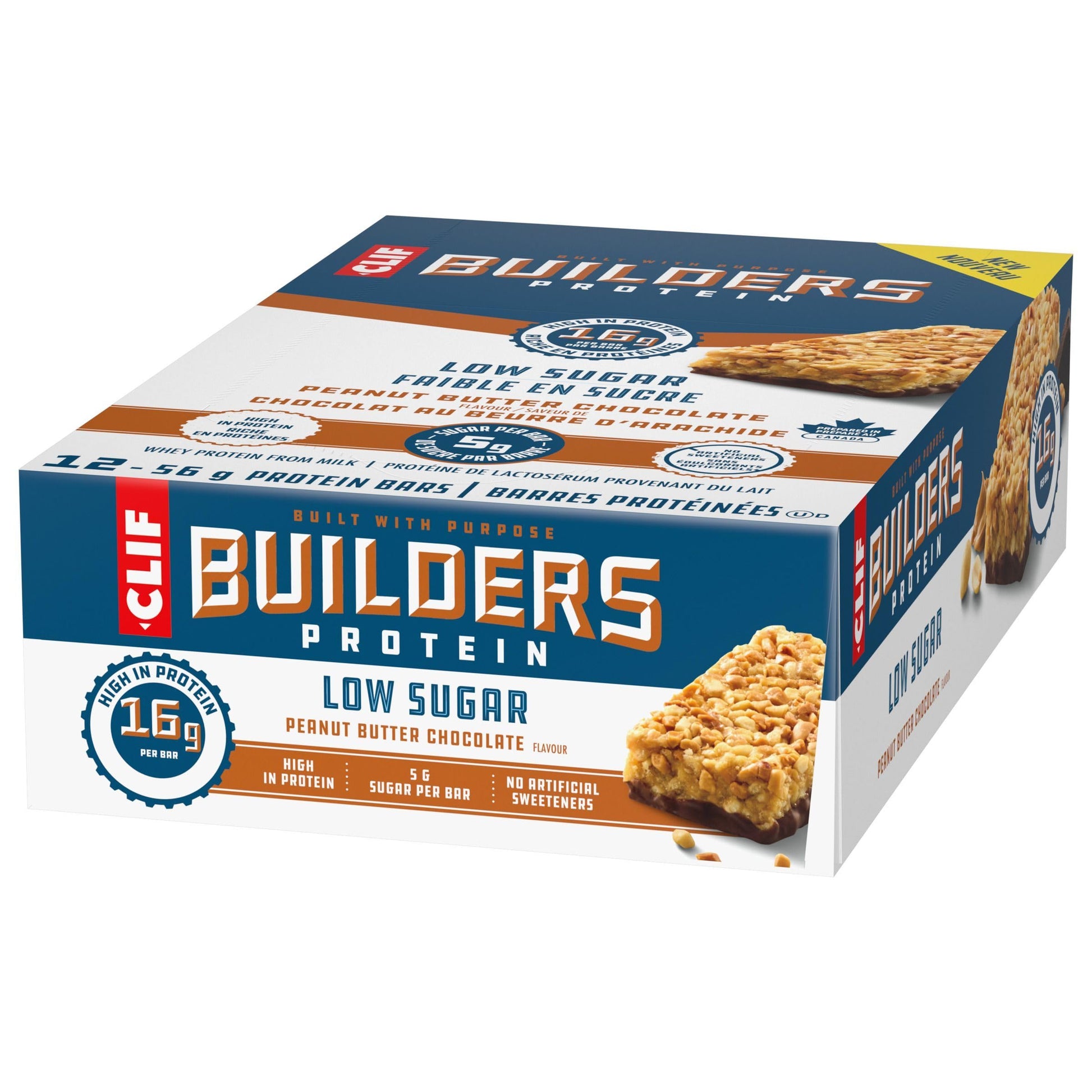 CLIF BUILDERS Low Sugar Protein Bars - Peanut Butter Chocolate, 12-Pack (56g each)