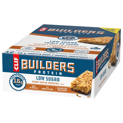 CLIF BUILDERS Low Sugar Protein Bars - Peanut Butter Chocolate, 12-Pack (56g each)