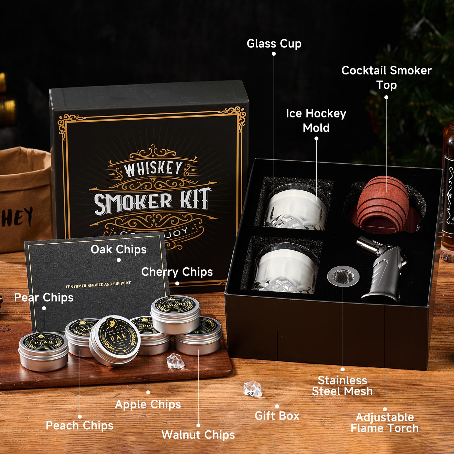 Whiskey Smoker Kit with Torch - 6 Flavors Wood Chips, 2 Glasses, 2 Ice Ball Molds - Cocktail Smoker Infuser Kit, Old Fashioned Drink Smoker Kit, Birthday Bourbon Whiskey Gifts for Men,Dad(NO Butane) - Available at All In One Marketplace Canada