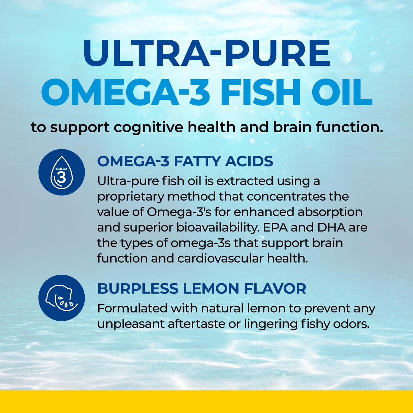 Fish Oil Omega 3 EPA & DHA 2250 mg | Burpless Lemon Flavor Triple Strength Supplement with Fatty Acids from Wild Icelandic Fish | Supports Joint, Eyes, Brain & Skin Health | Non GMO | 90 Softgels - Available at All In One Marketplace Canada