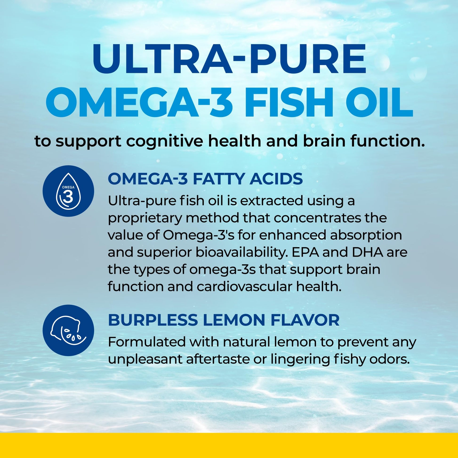 Fish Oil Omega 3 EPA & DHA 2250 mg | Burpless Lemon Flavor Triple Strength Supplement with Fatty Acids from Wild Icelandic Fish | Supports Joint, Eyes, Brain & Skin Health | Non GMO | 90 Softgels - Available at All In One Marketplace Canada