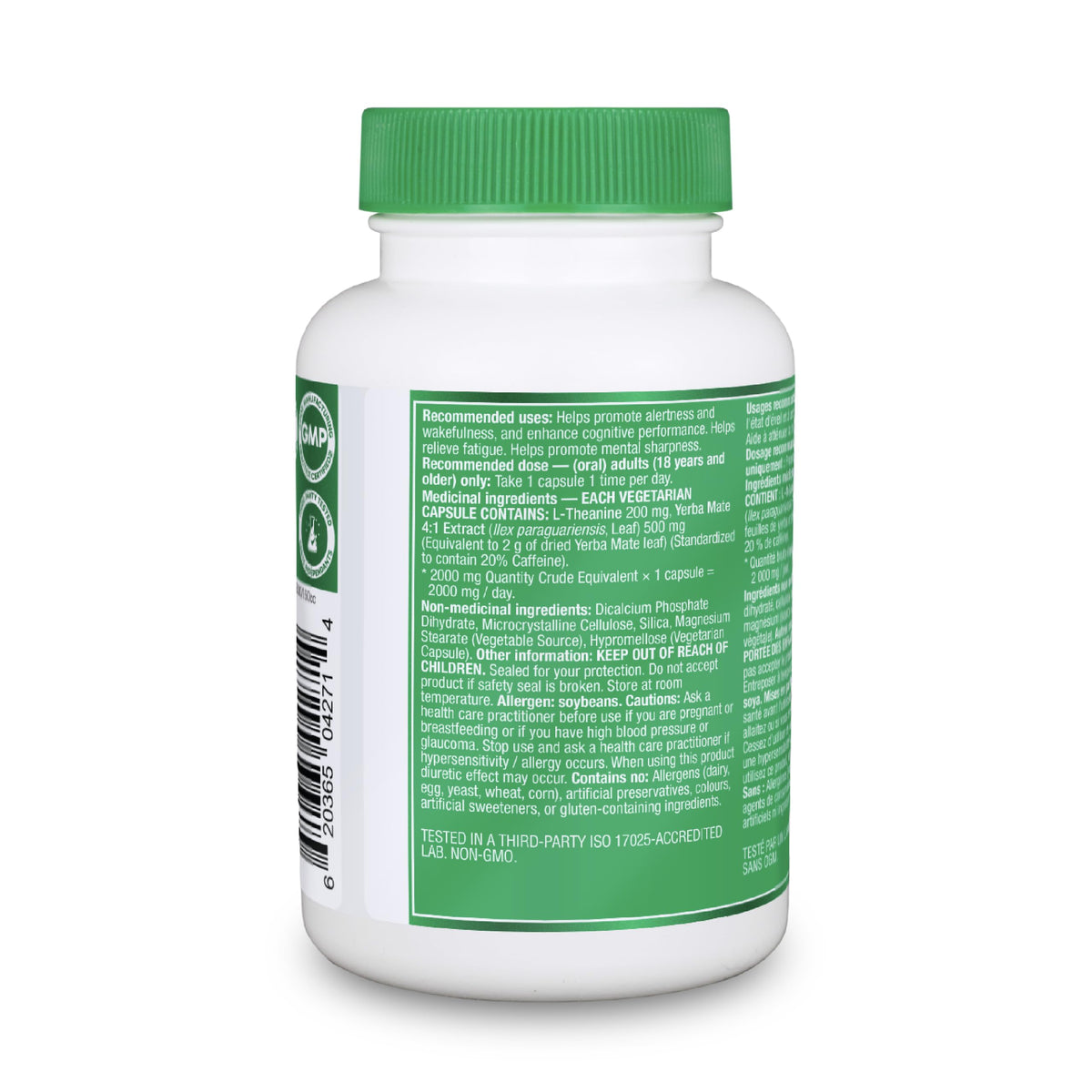 Organika Canadian-Made L-Theanine + Caffeine | Natural Yerba Mate Caffeine & L-Theanine Blend | Focus, Alertness & Calm Energy | 60 vegetarian capsules