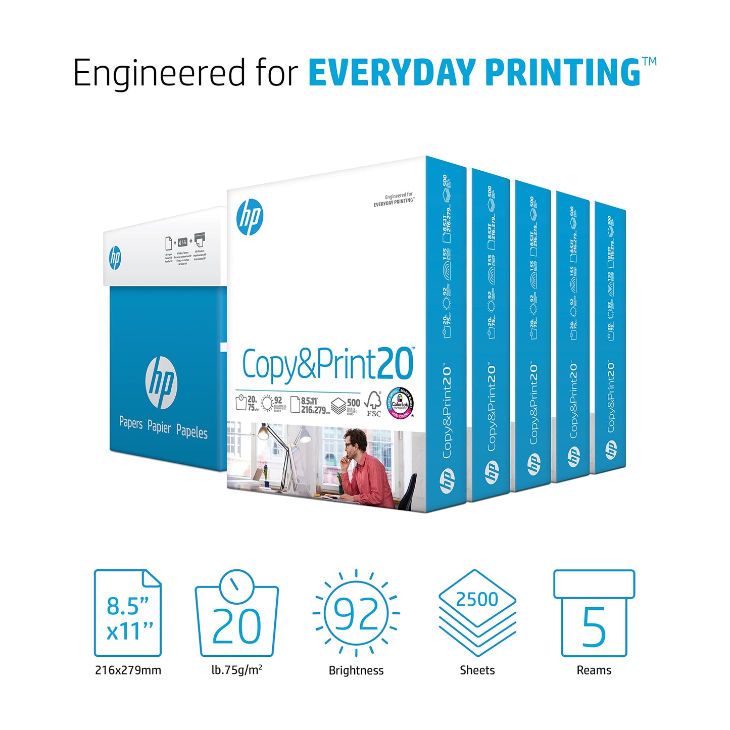 HP Printer Paper 8.5x11 Copy&Print 20 lb 5 Ream Case 2500 Sheets 92 Bright Made in USA FSC Certified Copy Paper HP Compatible 200350C