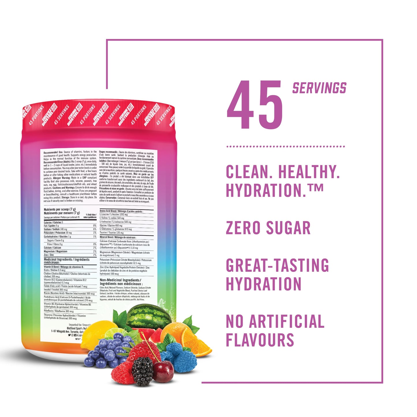 BioSteel Electrolyte Hydration Mix Powder, Zero Sugar, No Artificial Flavours, Rainbow Twist, 45 Serving Container
