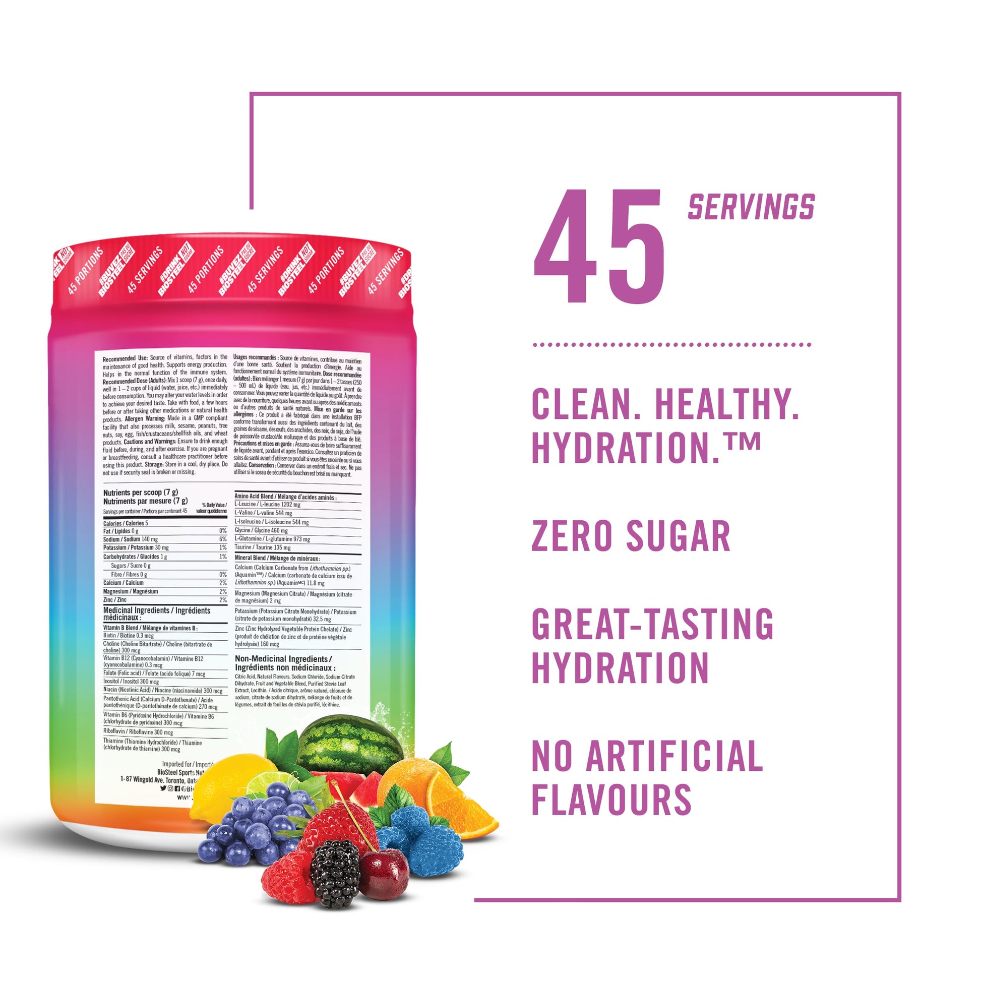 BioSteel Electrolyte Hydration Mix Powder, Zero Sugar, No Artificial Flavours, Rainbow Twist, 45 Serving Container