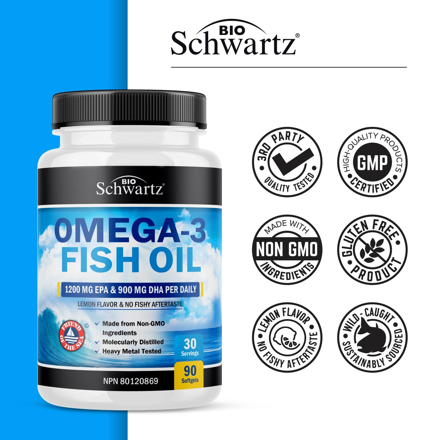 Fish Oil Omega 3 EPA & DHA 2250 mg | Burpless Lemon Flavor Triple Strength Supplement with Fatty Acids from Wild Icelandic Fish | Supports Joint, Eyes, Brain & Skin Health | Non GMO | 90 Softgels - Available at All In One Marketplace Canada