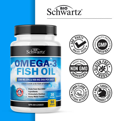 Fish Oil Omega 3 EPA & DHA 2250 mg | Burpless Lemon Flavor Triple Strength Supplement with Fatty Acids from Wild Icelandic Fish | Supports Joint, Eyes, Brain & Skin Health | Non GMO | 90 Softgels - Available at All In One Marketplace Canada