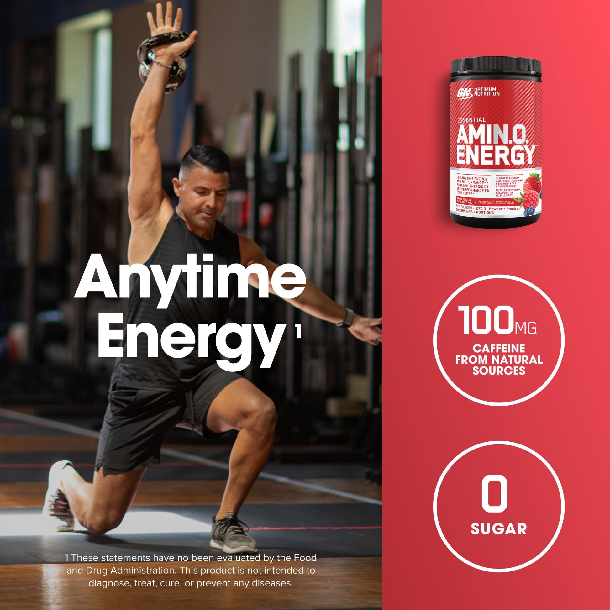 Optimum Nutrition Amino Energy Powder: Pre- workout & Anytime energy with Green tea, Green coffee extract + BCAA's - Fruit fusion: 30 servings [270g] (packaging may vary) Optimum Nutrition