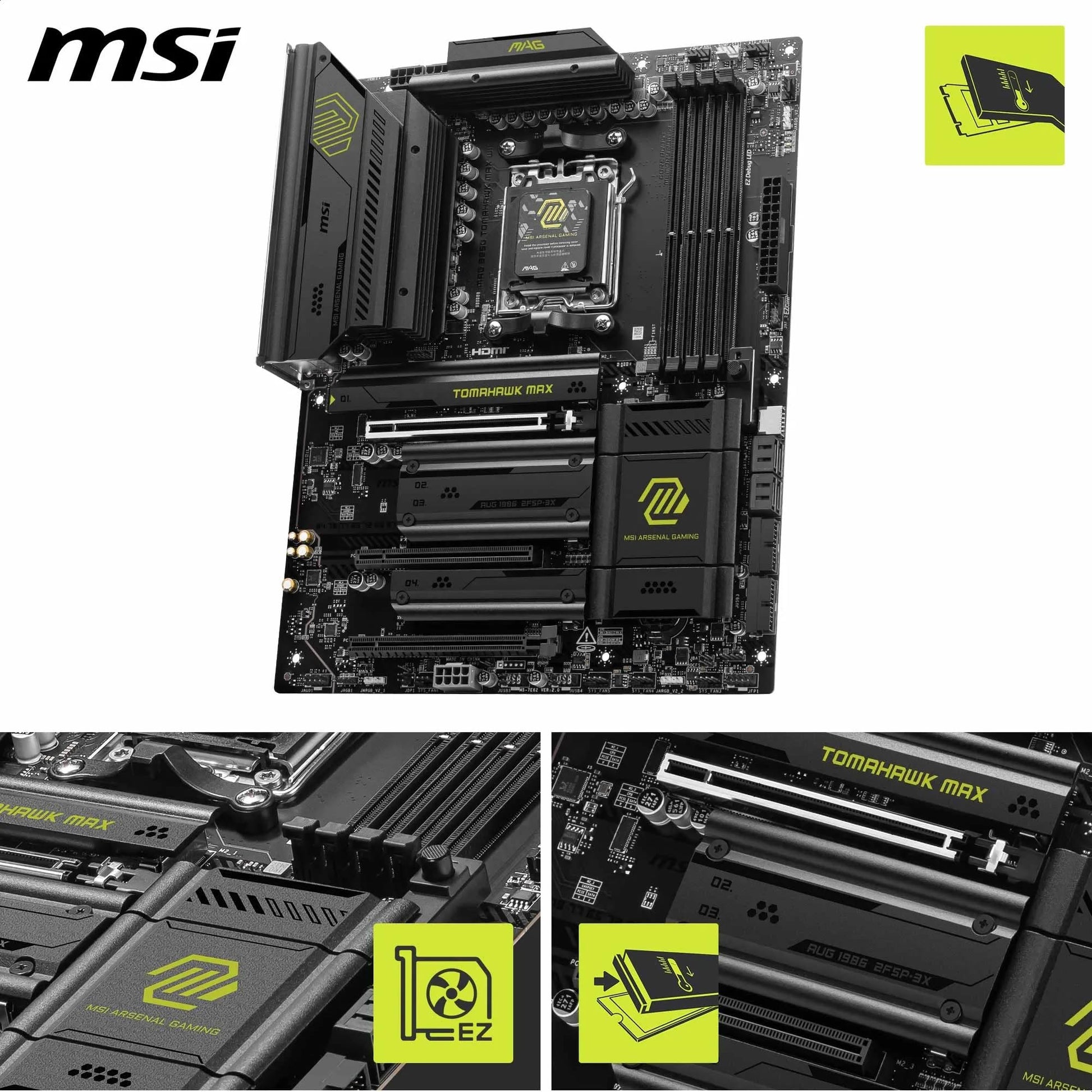 MSI MAG B850 Tomahawk MAX WiFi Gaming Motherboard (AMD Ryzen 9000/8000/7000 Series Processors, AM5, DDR5, PCIe 4.0, M.2, SATA 6Gb/s, USB 3.2 Gen 2, HDMI/DP, Wi-Fi 7, Bluetooth 5.3, 2.5Gbps LAN, ATX) MSI