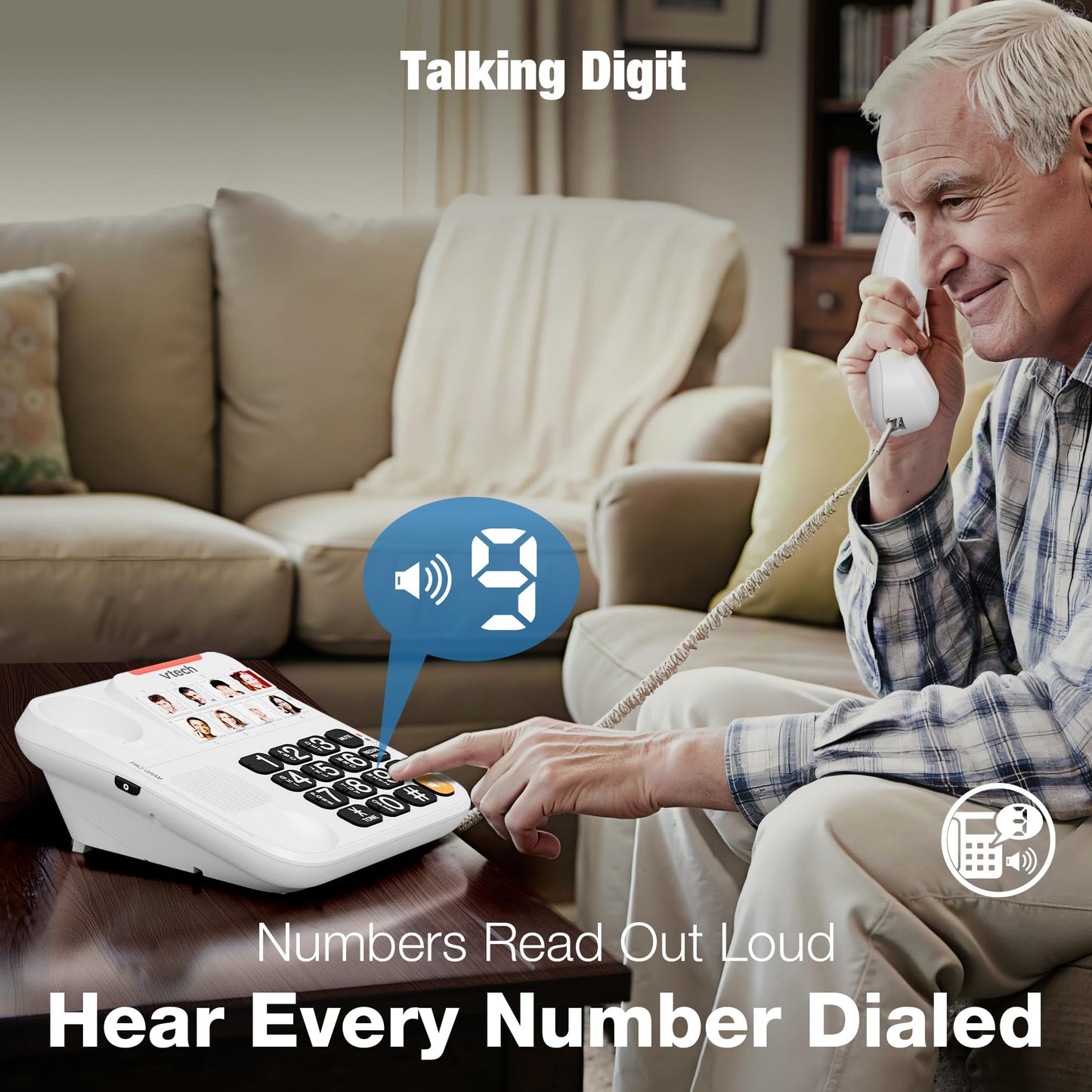 VTech Corded Phone with Oversized High-Contrast Buttons, 8 Photo Speed Dial, Large Buttons, Talking Digits for Seniors, Visual Ringer, Full-Duplex, Earpiece and Speakerphone Volume Control | SN1117 VTech