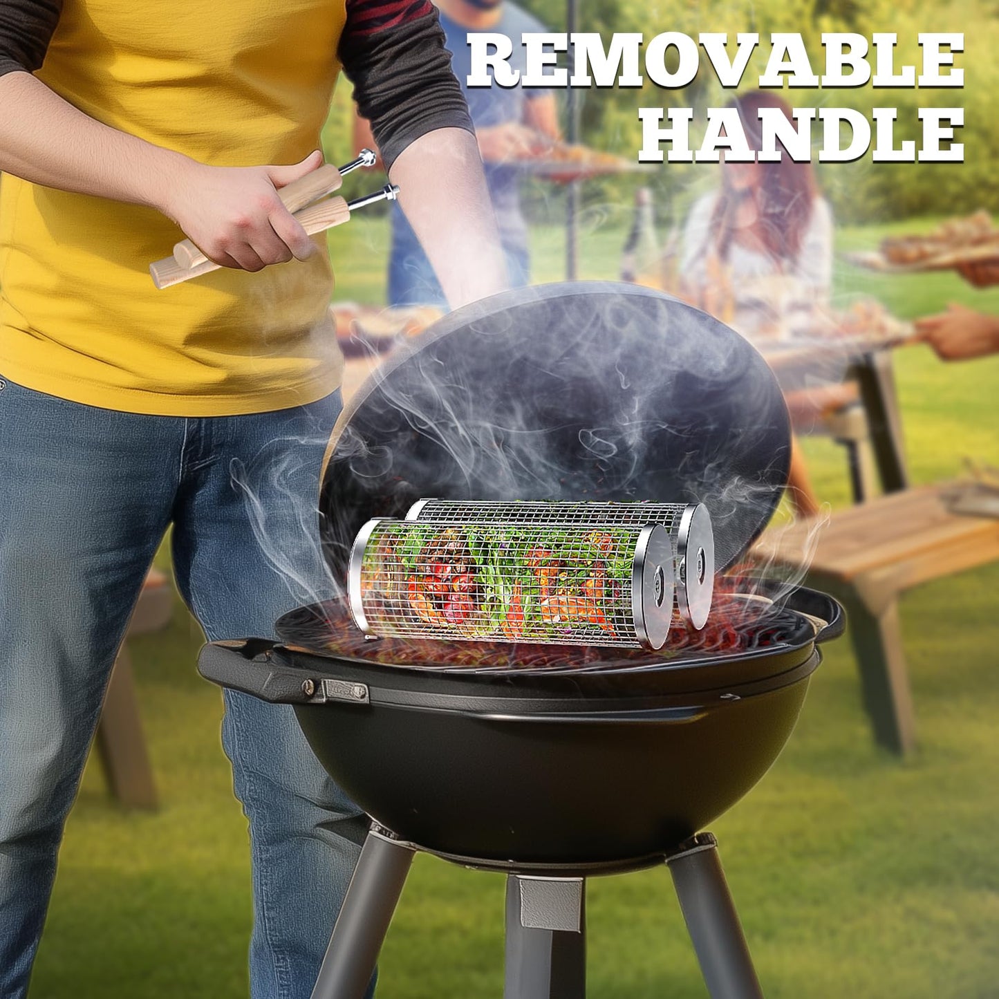 ivtivfu Rolling Grill Basket, Removable Wooden Handle, 304 Stainless Steel, Nesting Grilling Tools, Smoker BBQ Accessories for Vegetable, Outdoor Cooking Camping, Birthday Gifts for Men Dad Husband
