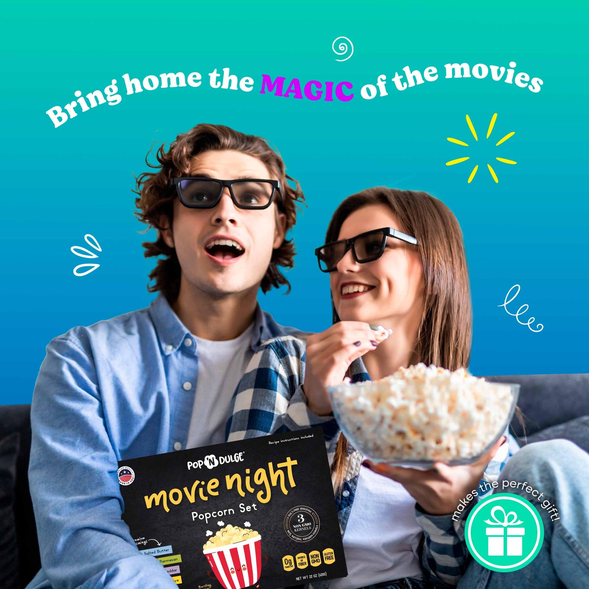 Pop n' Dulge Movie Night Popcorn Kit - 16 Pack with 5 Gourmet Kernels & 5 Seasonings
