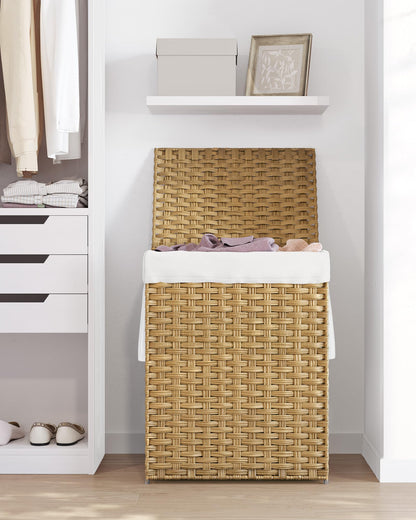 SONGMICS Laundry Hamper with Lid, 23.8 Gallon (90 L) Synthetic Rattan Clothes Laundry Basket with Lid and Handles, Foldable, Removable Liner, Natural ULCB051N01V1 SONGMICS