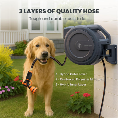 Giraffe Tools Garden Hose Reel Retractable 1/2" x 100 ft Wall Mounted Water Hose Reel Automatic Rewind, Any Length Lock, 100ft, Dark Grey AW30 - Available at All In One Marketplace Canada