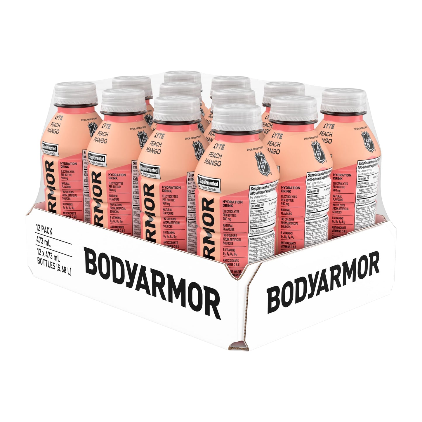 BODYARMOR Lyte Peach Mango Sports Hydration Drink – 473 mL Bottles, 12-Pack with Coconut Water & Electrolytes