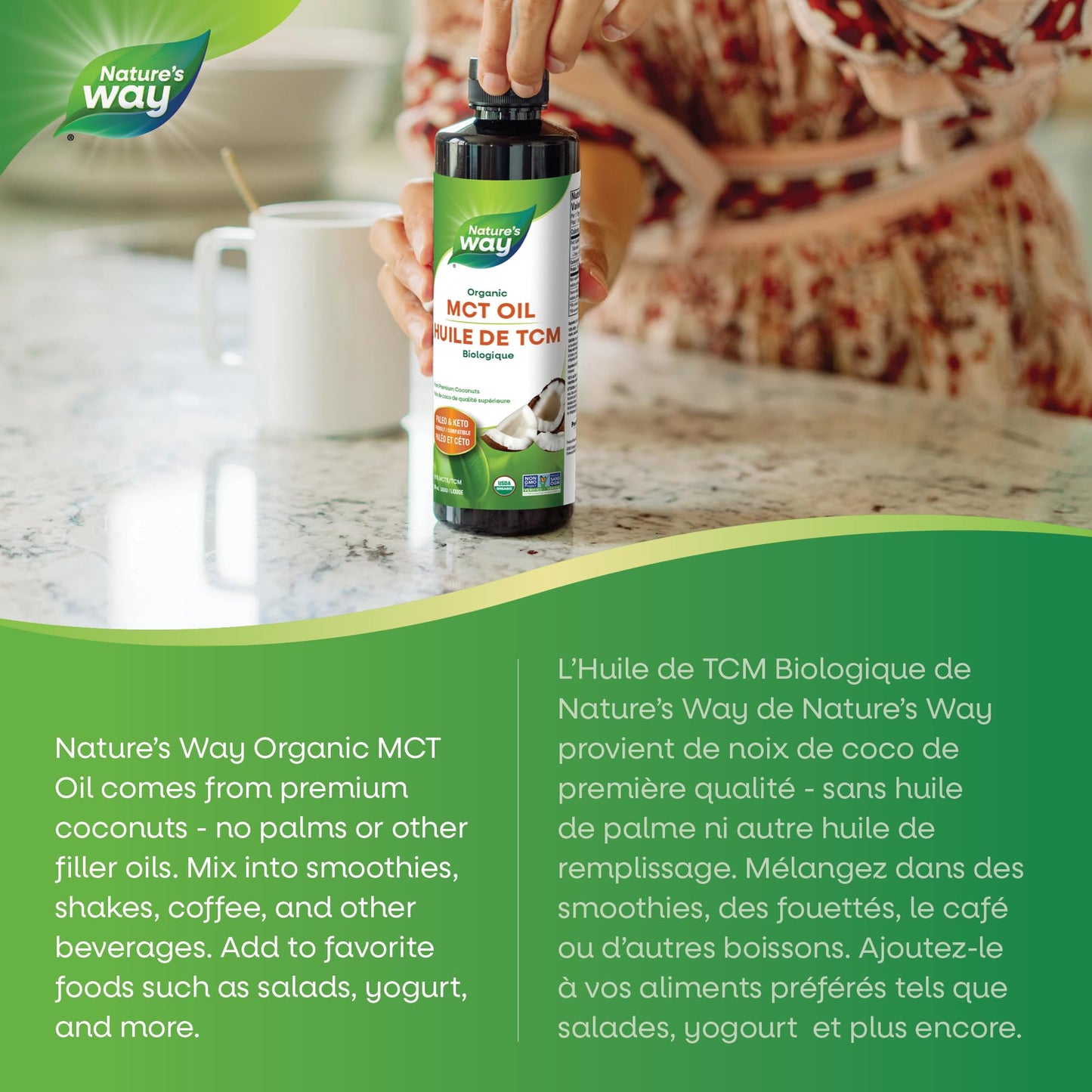 Nature's Way 100% Pure MCT Oil – Organic Coconut-Derived Medium Chain Triglycerides – No Palm or Filler Oils – Keto & Paleo Friendly – Non-GMO, Vegetarian, Gluten-Free, Flavourless – 480 mL Nature's Way