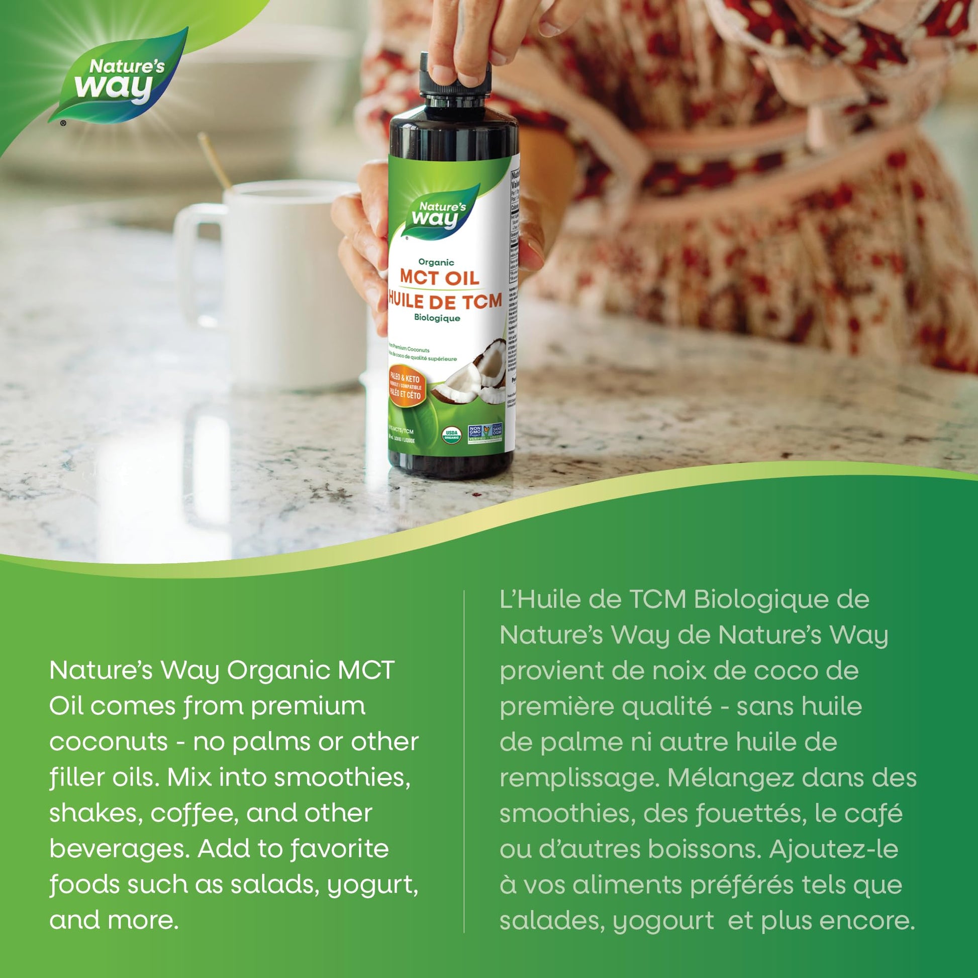 Nature's Way 100% Pure MCT Oil – Organic Coconut-Derived Medium Chain Triglycerides – No Palm or Filler Oils – Keto & Paleo Friendly – Non-GMO, Vegetarian, Gluten-Free, Flavourless – 480 mL Nature's Way