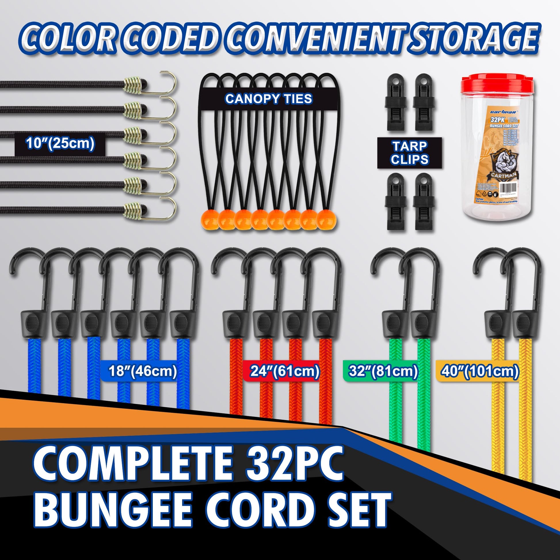 Cartman 32 Piece Bungee Cords Assortment Jar Includes 10" 18" 24" 32" 40" Bungee Cord with Hooks, 8" Canopy Tarp Ball Ties and Tarp Clips - Available at All In One Marketplace Canada